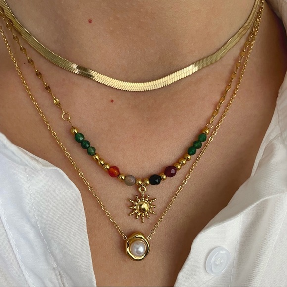 Jewelry - stainless steel -Gold Multi-Layered Necklace with Pearl and Sun Pendant
